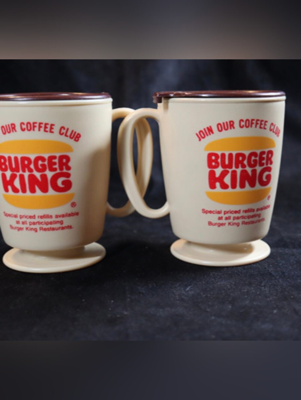 Vintage Burger King Coffee Club Plastic Mugs w/Handle & Lid Tan Brown by Whirley